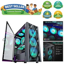 ATX Gaming Case with 6 PWM ARGB Fans Tempered Glass Side Panel - Black
