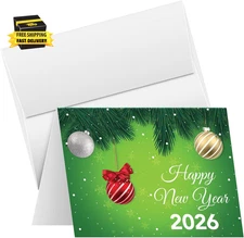 2026 Happy New Year – Green Holiday Greetings Fold over Cards & Envelopes, for C