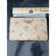 Coach Monogram Floral Print Wristlet Pouch Beige Pink Roses Zip Top