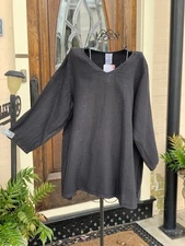 HLT761 Black XLarge NWT Match Point Linen Shirt Blouse V Neck 3/4 Sleeve NEW