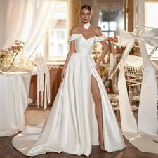 Satin Wedding Dress Off The Shoulder V Neck Pleat High Slit Flower Bridal Gown