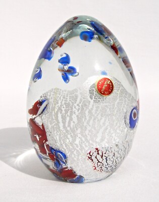 置物 Murano Glass Italy Egg Paperweight Vintage Murano Glass Egg Paperweight Silver Foil White Hearts