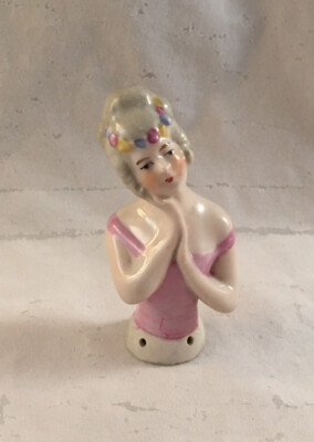 ANTIQUE VICTORIAN GERMAN MINIATURE PORCELAIN PINCUSHION HALF DOLL 6087 PINK SLIP