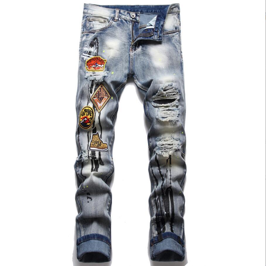 Men's Blue Straight Leg Denim Ripped Jeans Trousers Badge Decor