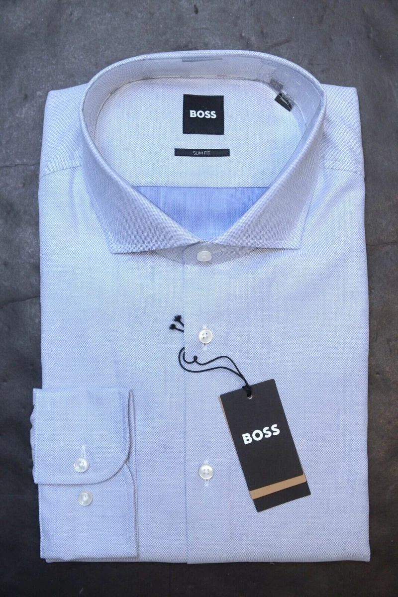 Hugo Boss Men s Hank Slim Fit Solid Bright Blue Cotton Dress Shirt
