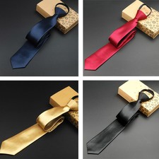 Men Solid Color Satin Skinny Zipper Neck Ties Pre-tied Wedding Party Neckties