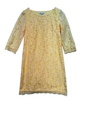London Times Womens Floral Shift Dress Sze 4 Yellow Lace 3/4 Sleeves Casual