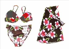 Sunsets 3-pc Cool Kauai Brown Bikini Swimsuit w/Pareo 71T Top in L, 28B Bot in S