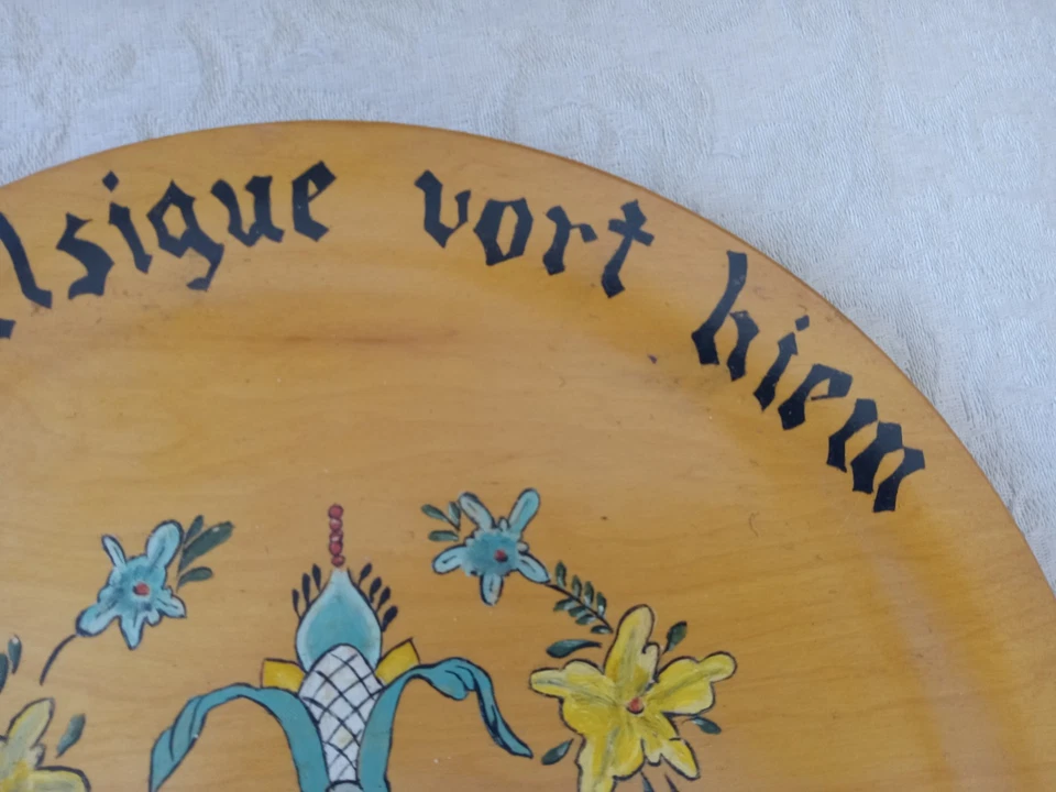 Hand Painted Vtg Tole Ware Norwegian Solid Wood Plate Tray Folk Art Gud Velsigue - Image 4 of 4