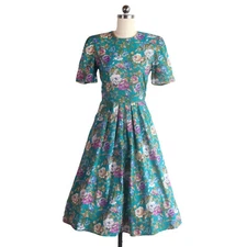 vintage 80s garden party floral dress S full skirt romantic tea cottage midi vtg