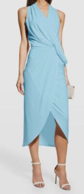 $387 Ramy Brook Women's Blue Monaco V-Neck Sleeveless Midi Wrap Dress Size M