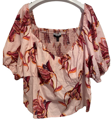 Elements Womens Cropped Top Smock Pink Floral Square Neck Short Sleeves Size 24