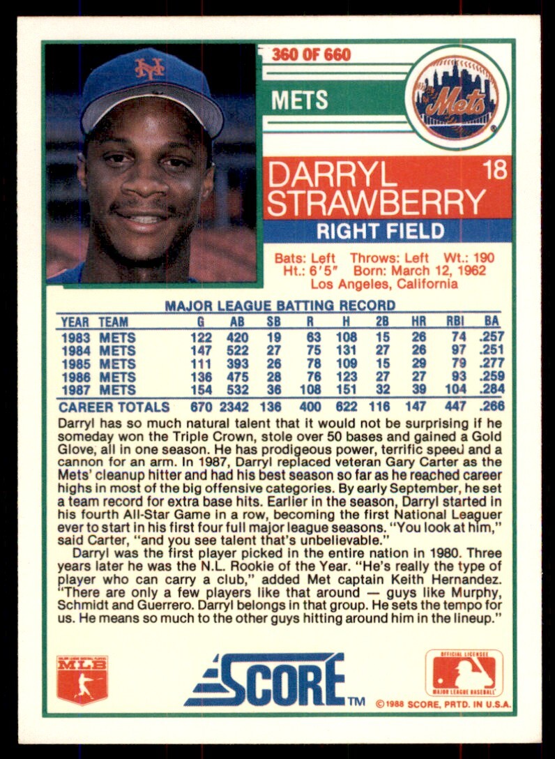 1988 Score Darryl Strawberry New York Mets #360 MLB Baseball Card