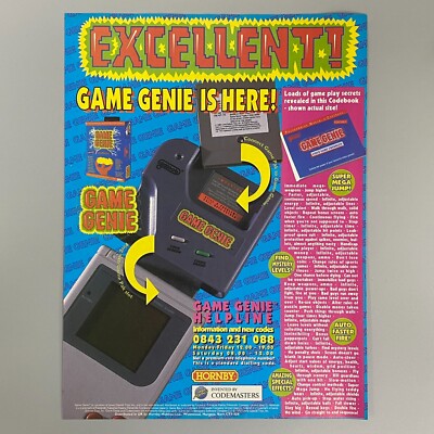 Spiel Genie Video Cheat Patrone Codemasters 1993 Vintage Retro Werbeanzeige