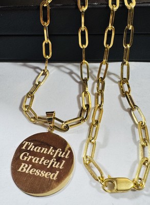 18K 750 Real UAE Gold Paperclip Chain Thankful Blessed Necklace 20  long 5mm 14g