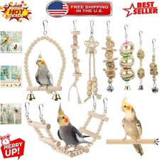 Handmade Wooden Bird Toys: Climbing Ladders, Swings  Chewing Fun in 9 Pieces