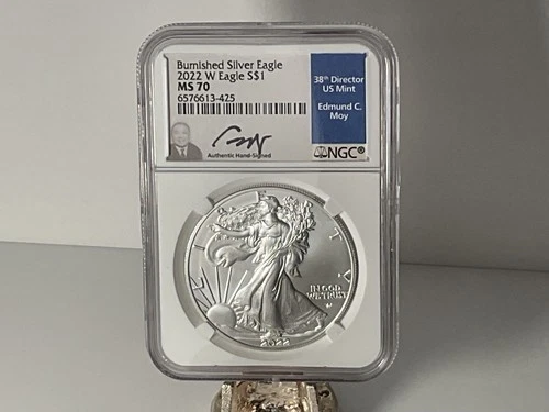2022-W Burnished $1 American Silver Eagle NGC MS70 Director Moy Signed .999 1 oz
