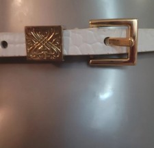 BIBA Rare 90's Vintage White Leather,Embossed Long Skinny Belt. Gold Logo'd