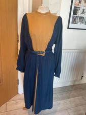 Vintage 70w dark blue and mustard partial wool retro dress small