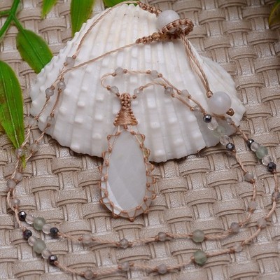 Handmade Natural Moonstone Top Quality Micro Macrame Reiki Beaded Necklace