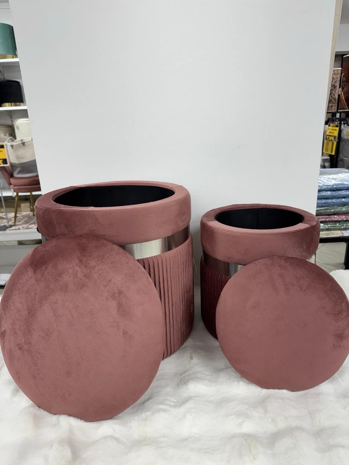 Set 2 Pouf Contenitore Velluto Rosa Sgabello Poggiapiedi Con Argento - Immagine 4 di 4