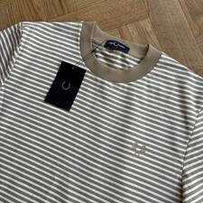 Image of BNWT Fred Perry Fine Stripe Short Sleeve Heavy Weight T-Shirt White Brown Large