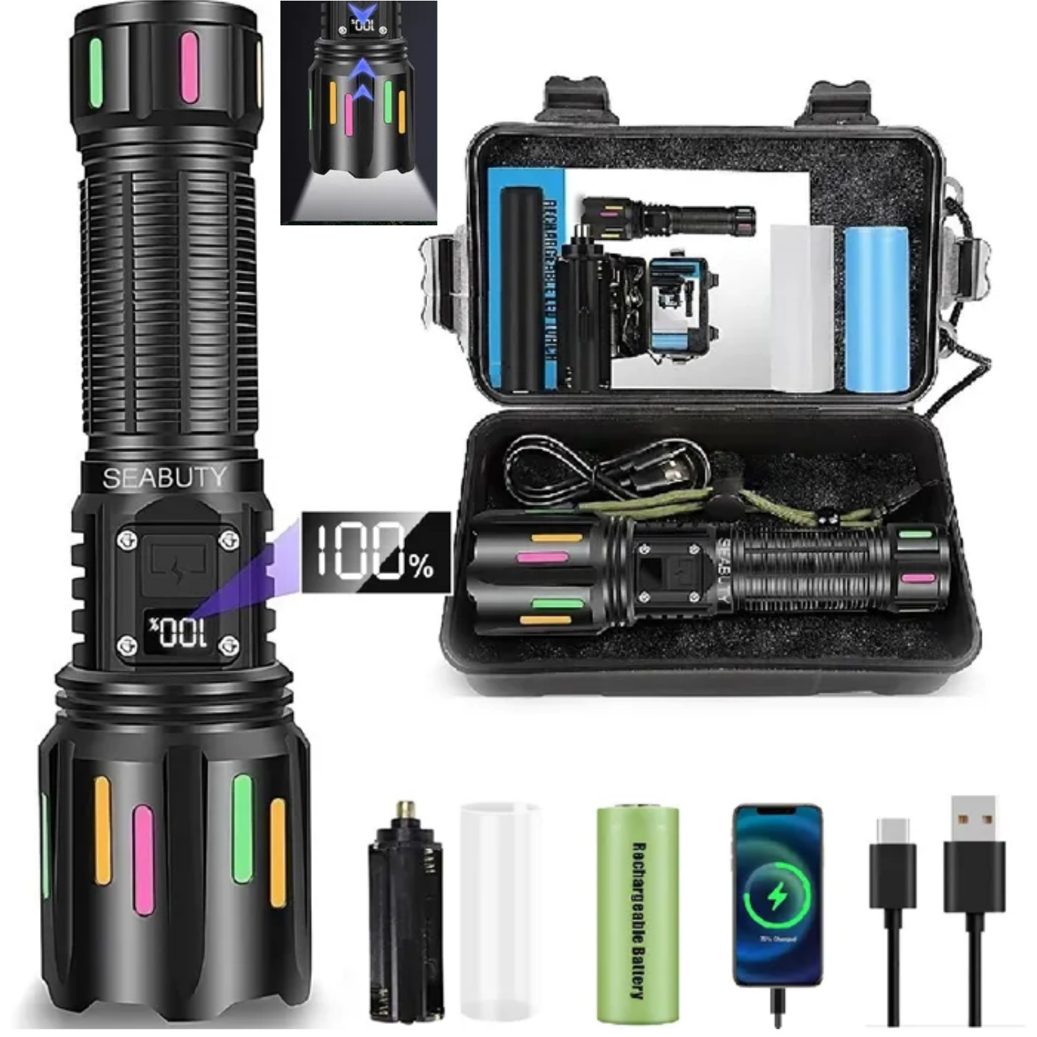 Lampe torche LED ultra puissante rechargeable avec 5 modes d'éclairage tactique