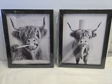 Funny Highland Cow Bathroom Wall Art Framed Set of 2 Black White Decor...