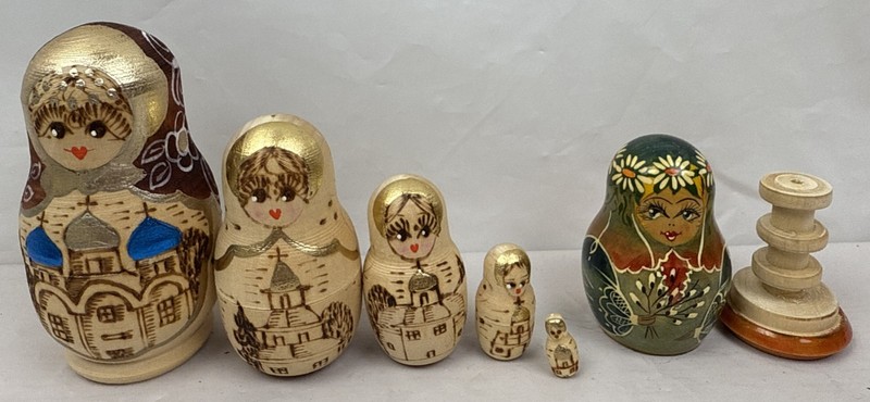 Vintage Set of Wooden Russian Nesting Dolls & Needle/Thread Keeper- Hand Painted