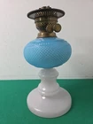 Vintage Turquoise Blue Font & White Milk Glass Base Oil Lamp & Brass Burner