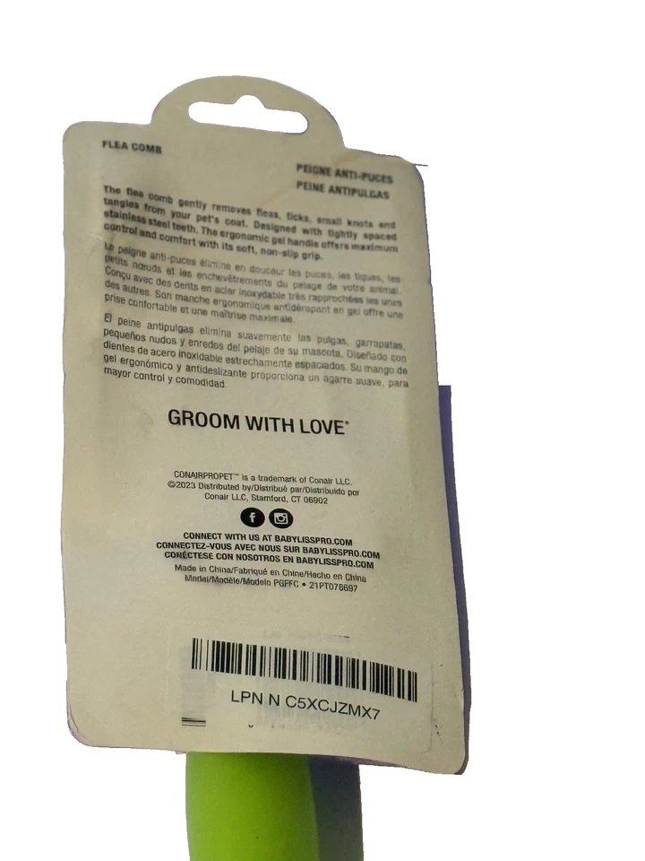 Peine antipulgas CONAIRPRO PET mango de agarre de gel verde dientes finos de acero inoxidable Foto 4 de 4
