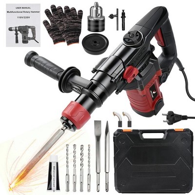 3-in-1 Akku Bohrhammer 6-Gang Schlagbohrer f. Beton Meißel Set + 13mm Bohrfutter