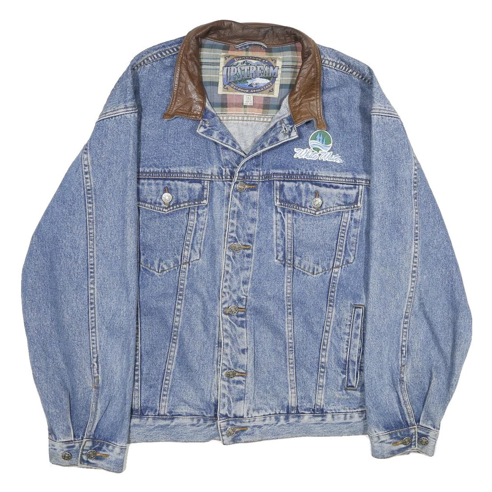 DUNBROOKE Mens Blue Leather Collar Denim Button Jacket XL Cotton Plaid Casual
