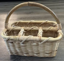 Vintage Wicker Bamboo Utensil Caddy Storage Organizer Kitchen Decor Basket 11.5”