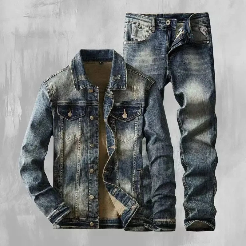 Luxury Mens Denim Coat Trendy 2PCS Set Retro Jeans Washed Casual Jacket Trousers