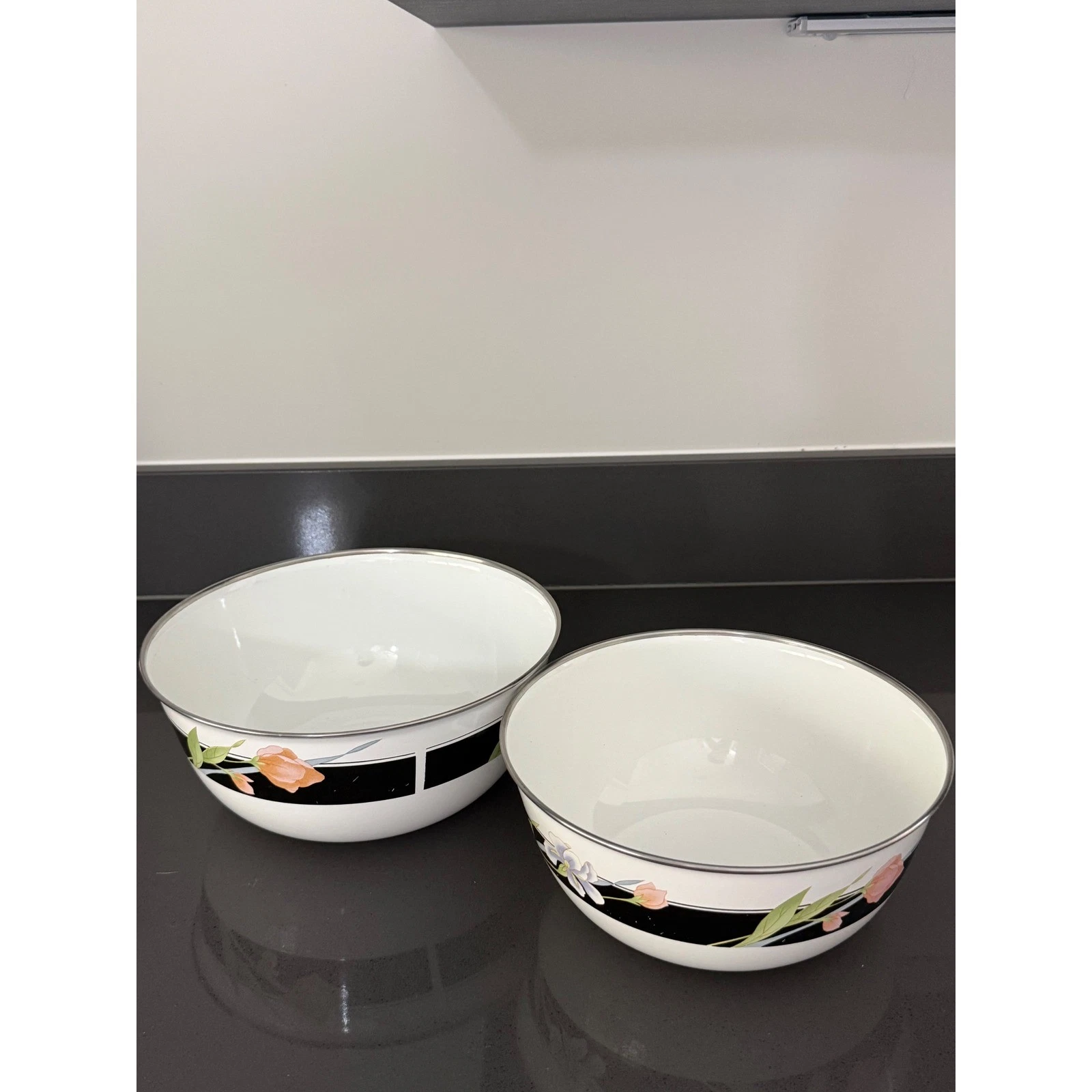 Vintage Sango Cookware Japan Enamel Mixing Bowls Set 2 Floral Black Band Retro