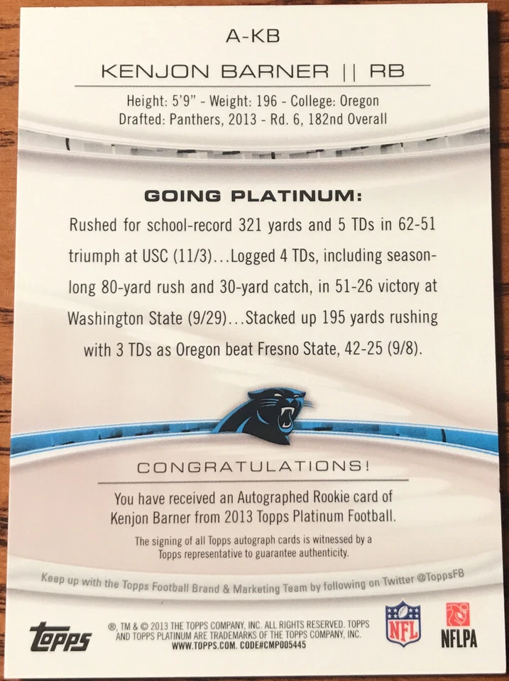 2013 Topps Platinum Rookie Autographs Refractors Kenjon Barner A-KB - Image 2 of 2