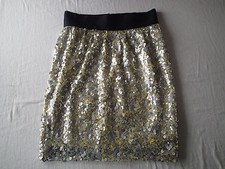 Robert Rodriguez Silver Sequin Skirt Silk Buttons Sz 10 Neiman Marcus 385 gn