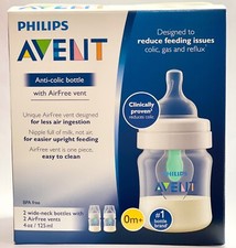 Philips AVENT 2 Anti Colic Baby Bottles w/ AirFree Vent 4 oz 0m Wide Neck NEW