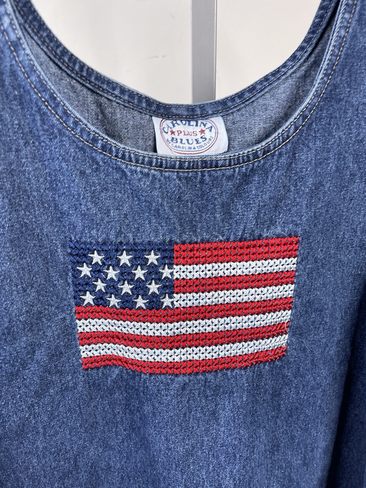 VTG 90s Denim Jumper Dress by Carolina Blues Embroidered American  USA Flag 18 W image 9