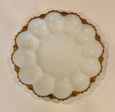 Vintage Anchor Hocking White Milk Glass Deviled Egg Plate Server Dish With Gold 