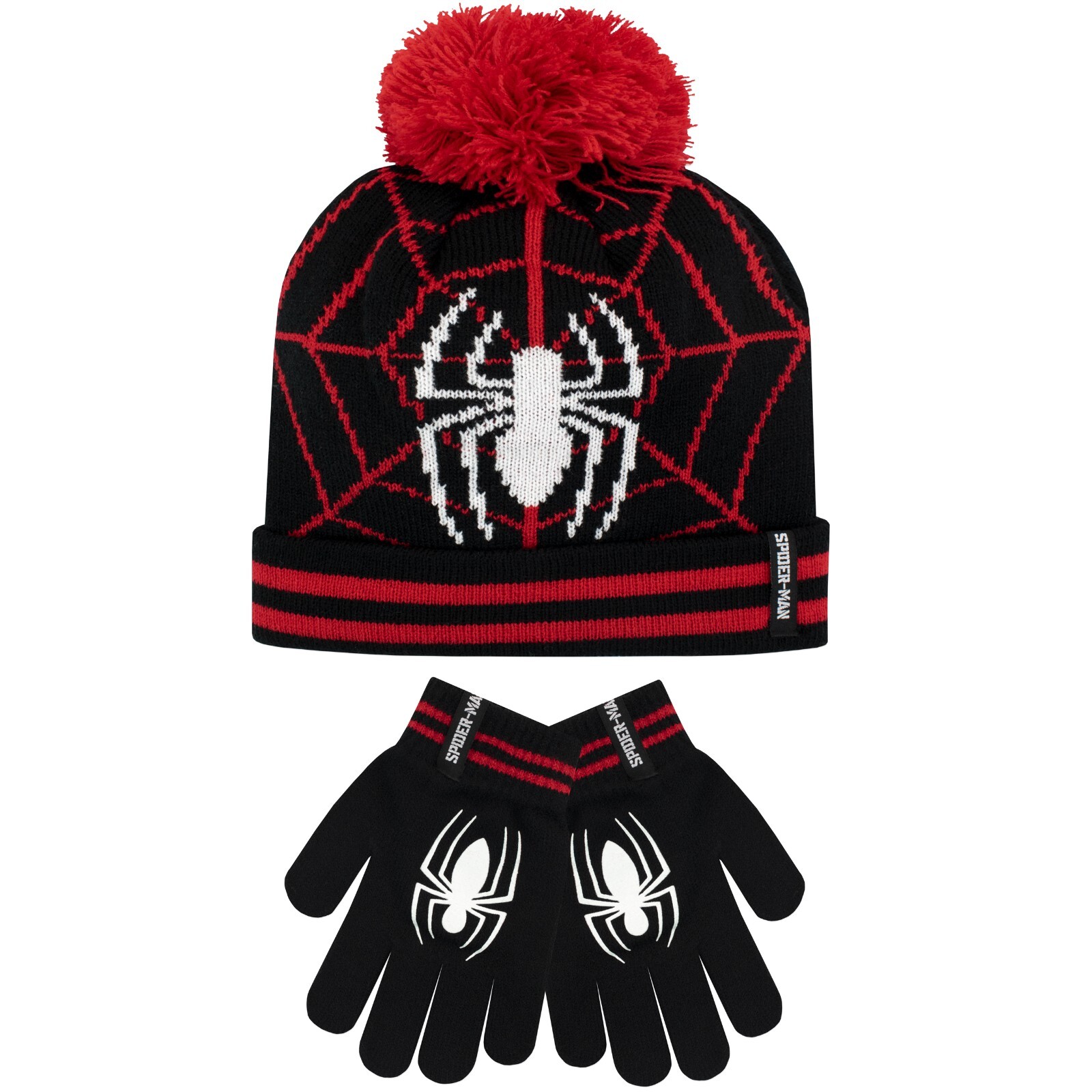 Marvel Spiderman Hat and Gloves Set Kids Boys Pom Pom Hat Gloves Black Red Web