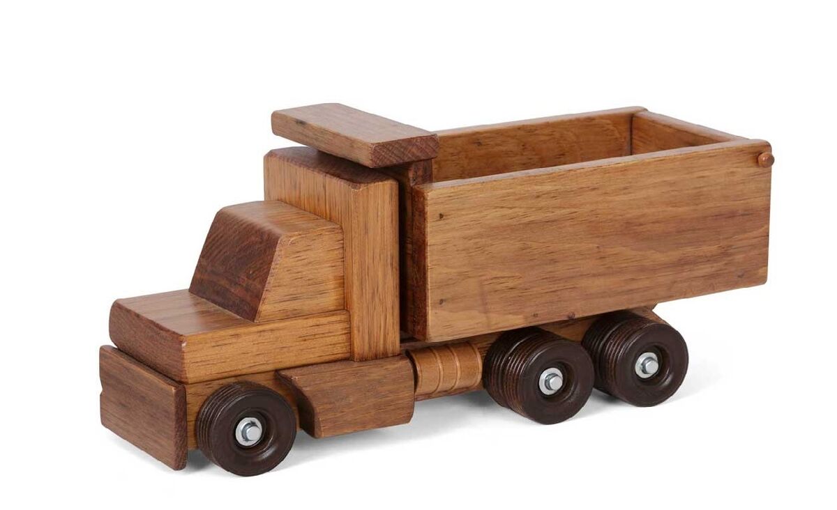 FOUR Wooden Toy TRUCK Set Log Barrel Tanker Dump Truck Wood Tractor Trailer  USA