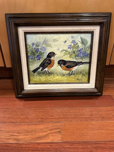 Vintage Yvonne Martin Ölgemälde Vögel gerahmt lackiert 13X15"" signiert - Bild 3 von 14
