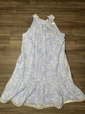 ELIZA J Trapeze Dress Blue Floral Eyelet Lined Sleeveless Size 6 Coquette Fem