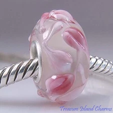 Pink Flower Petals Leaves Murano Glass 925 Sterling Silver European Bead Charm