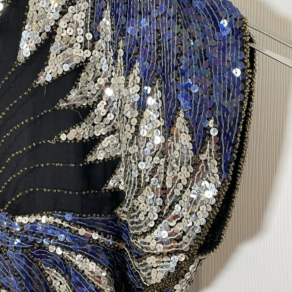 Top Scala Vintage Seda Lentejuelas Cuentas Mariposa Azul Plata Negro Años 70 80 Rocker Foto 4 de 4
