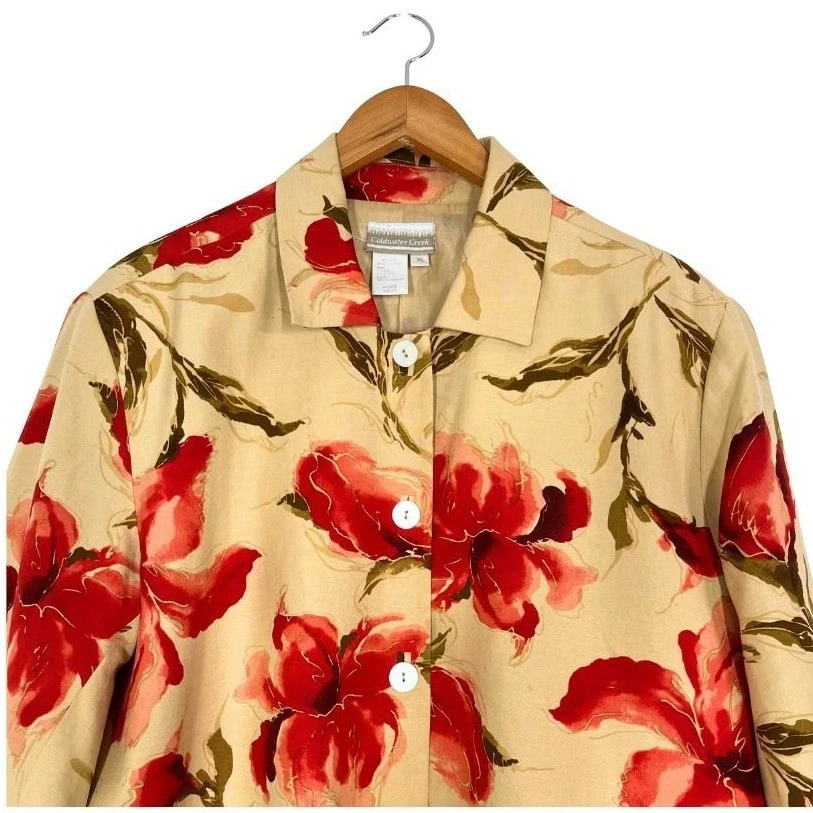 Chaqueta Blazer Coldwater Creek XL Seda Lino Floral Rojo Beige Botón Frontal Foto 3 de 4