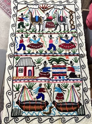 Vintage Peruvian Folk Art Tapestry Hand Embroidered Wool Story Rug 41x24 Peru