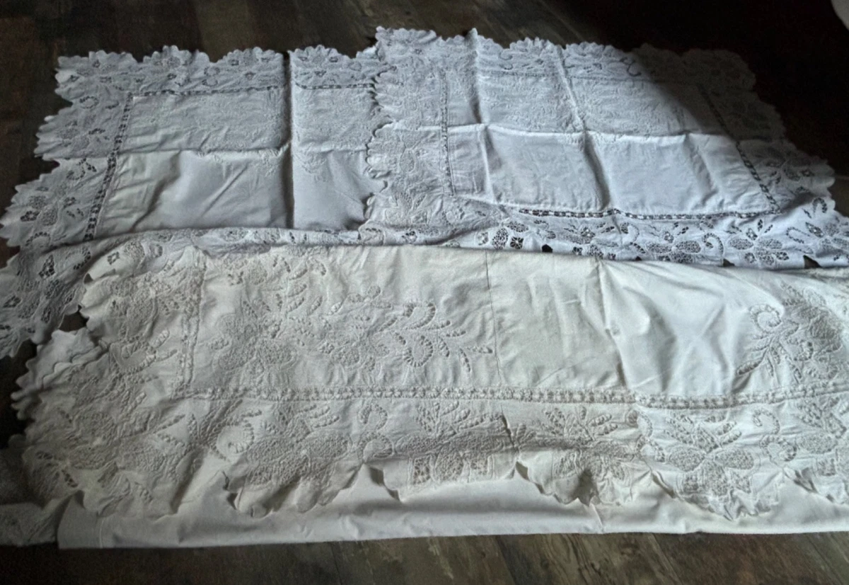 Drap Brodé en Coton - 290x200cm - Jours, Retour et Plumetis - Linge de maison